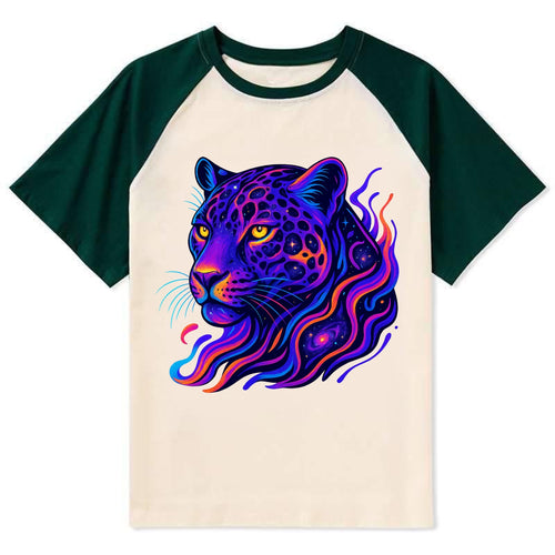 Powerful jaguar with rosettes containing miniature galaxies, cosmic - Contrast Raglan T-shirt