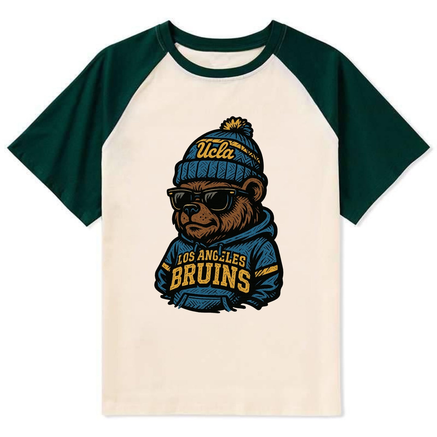 Los Angeles Bruin wearing UCLA beanie with script patch - Contrast Raglan T-shirt - Green