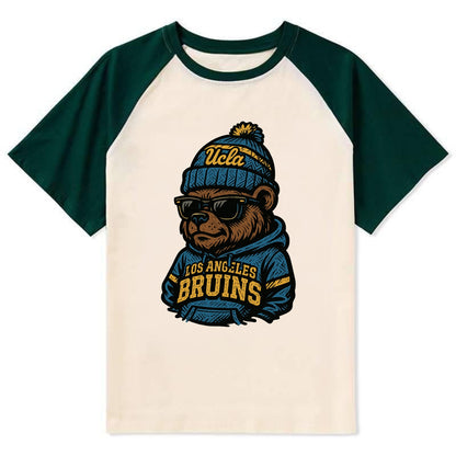 Los Angeles Bruin wearing UCLA beanie with script patch - Contrast Raglan T-shirt - Green