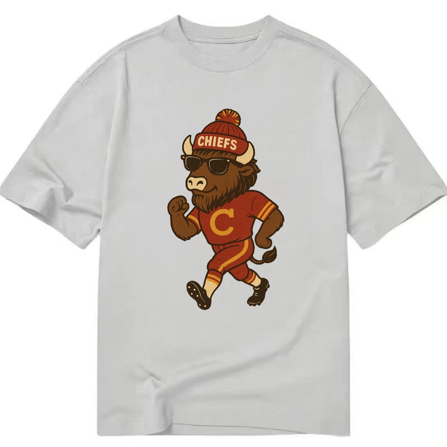 KC Bison wearing Chiefs beanie with arrowhead patch and wayfarer sunglasses - Classic T-shirt - Grey
