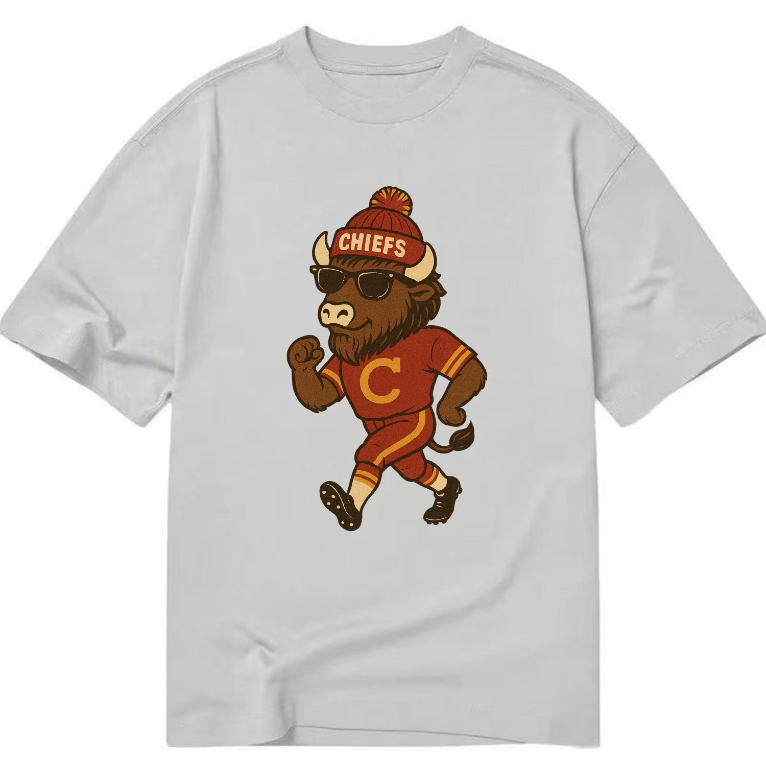 KC Bison wearing Chiefs beanie with arrowhead patch and wayfarer sunglasses - Classic T-shirt - Grey
