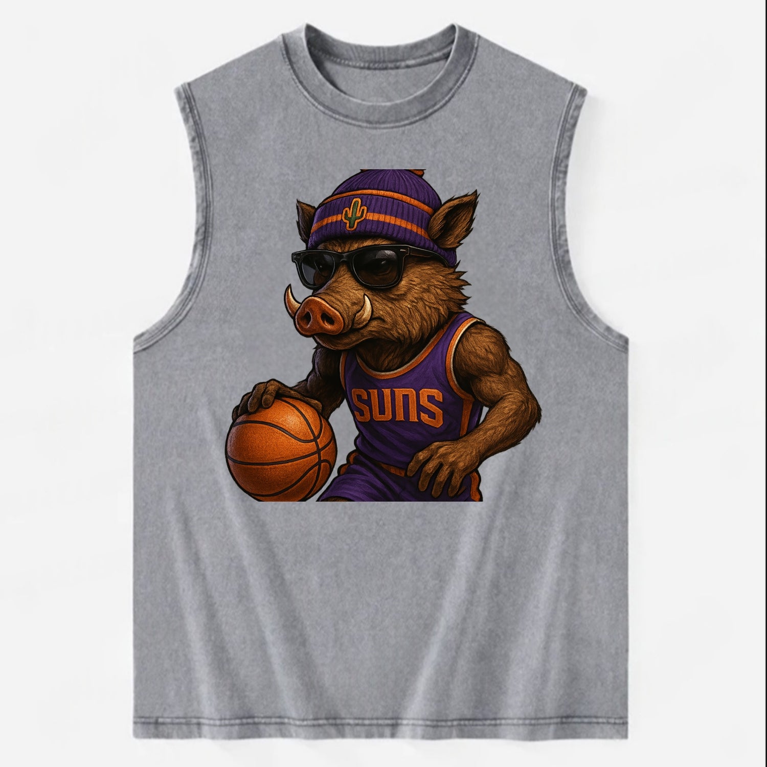 Phoenix Javelina wearing Suns beanie with cactus patch and wayfarer sunglasses - Vintage Washed Tank - Grey