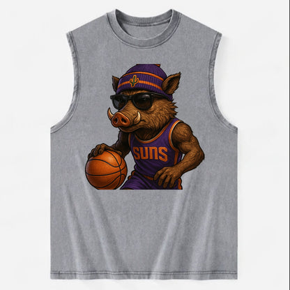 Phoenix Javelina wearing Suns beanie with cactus patch and wayfarer sunglasses - Vintage Washed Tank - Grey