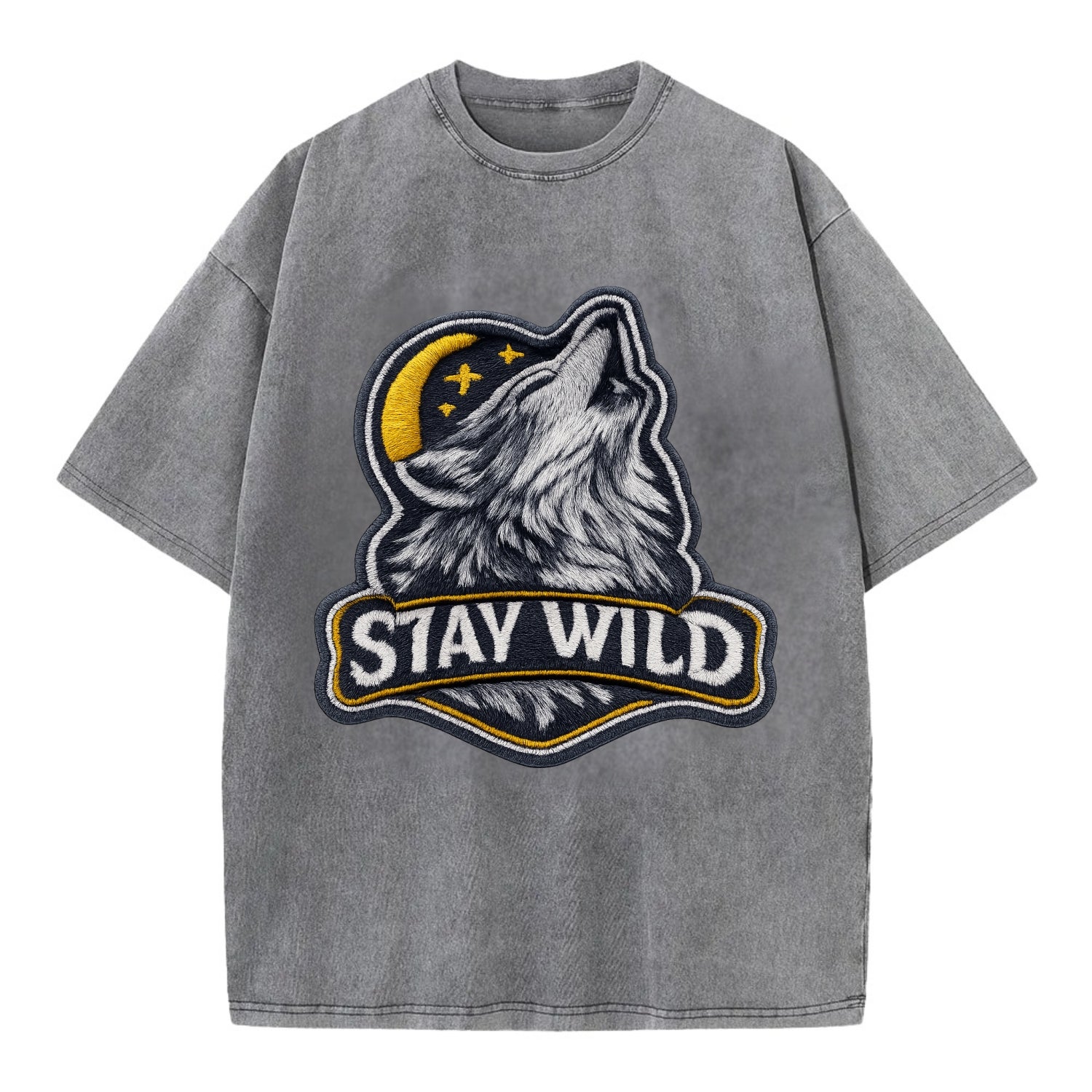 STAY WILD - wolf with text in gray , free spirit - Vintage T-shirt - Grey