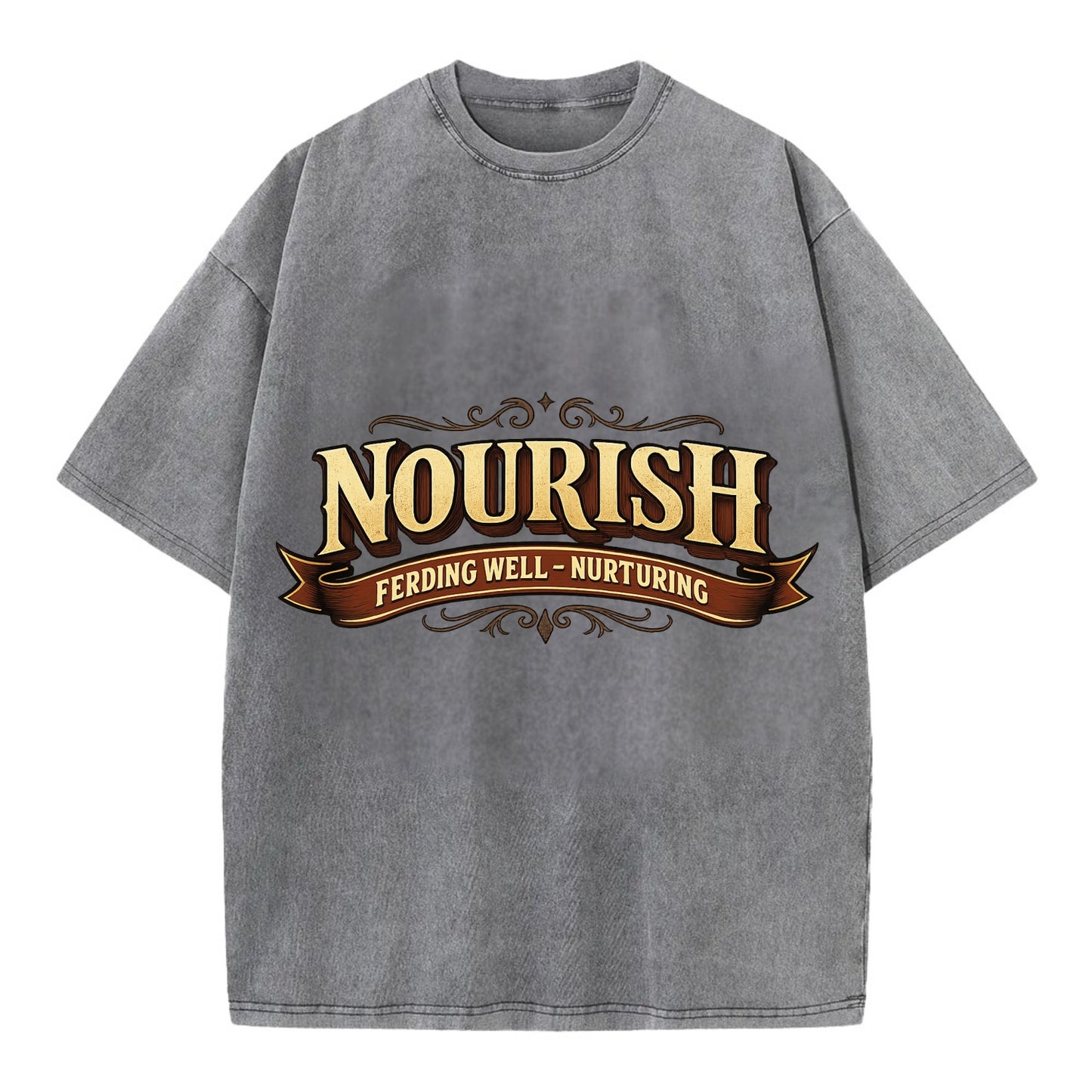 Bold typography design - "NOURISH" - feeding well, nurturing - Vintage T-shirt - Grey