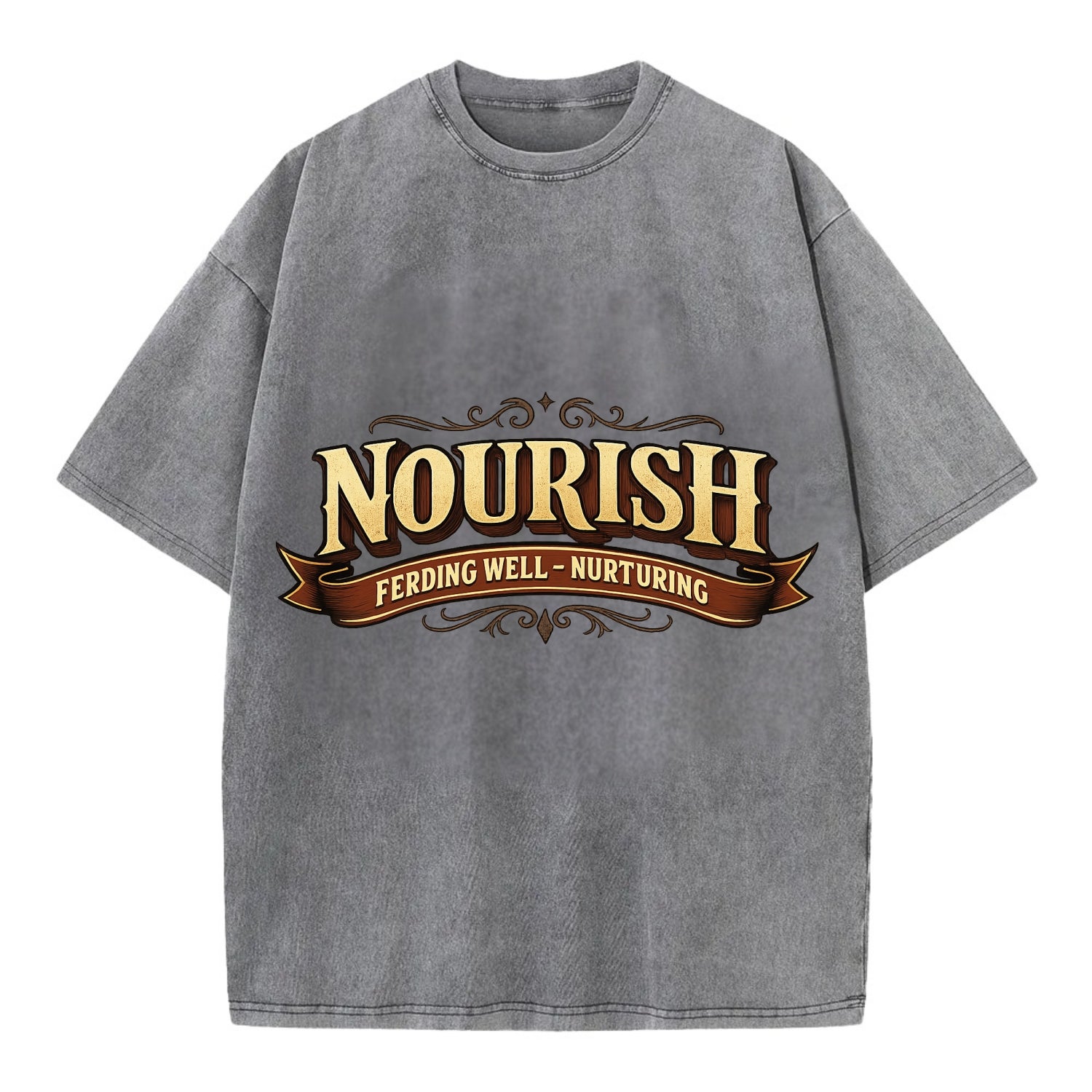 Bold typography design - "NOURISH" - feeding well, nurturing - Vintage T-shirt - Grey