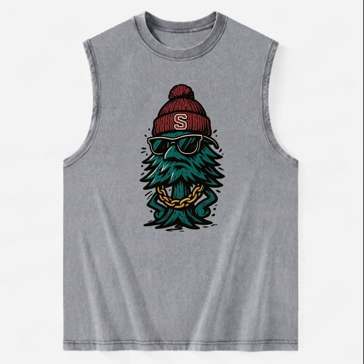 Palo Alto Tree wearing Stanford beanie with S patch - Vintage Washed Tank - Grey