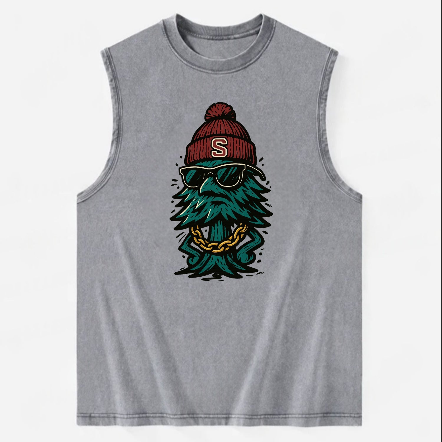 Palo Alto Tree wearing Stanford beanie with S patch - Vintage Washed Tank - Grey