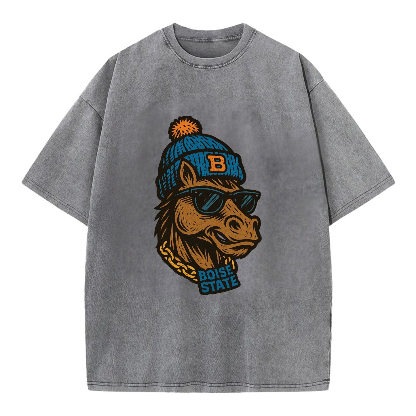 Boise Bronco wearing Boise State beanie with B patch - Vintage T-shirt - Grey