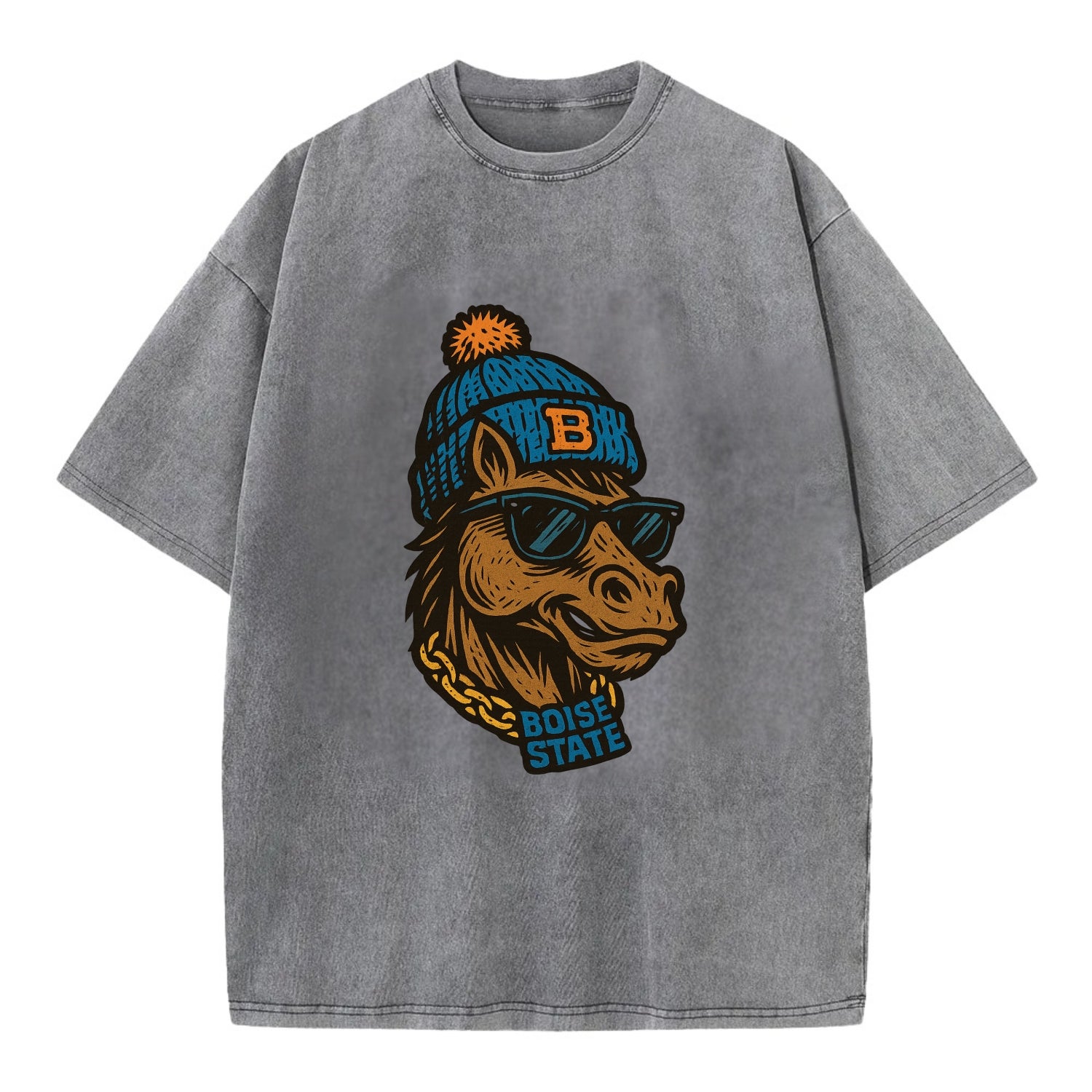 Boise Bronco wearing Boise State beanie with B patch - Vintage T-shirt - Grey