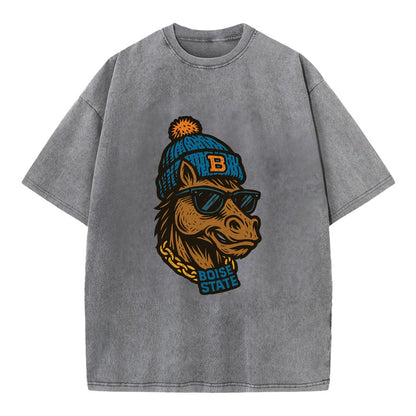Boise Bronco wearing Boise State beanie with B patch - Vintage T-shirt - Grey