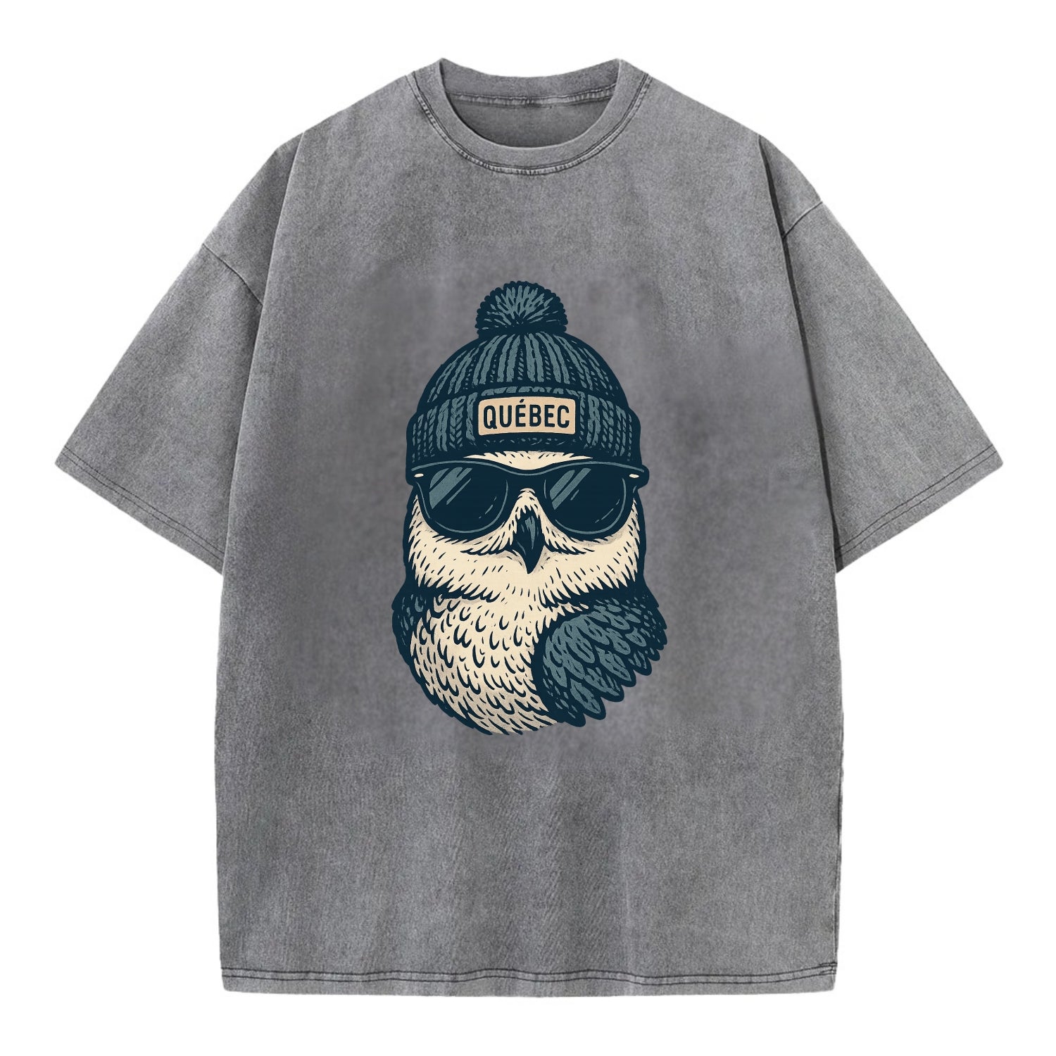 Quebec City Snowy Owl wearing Quebec bea - Vintage T-shirt - Grey