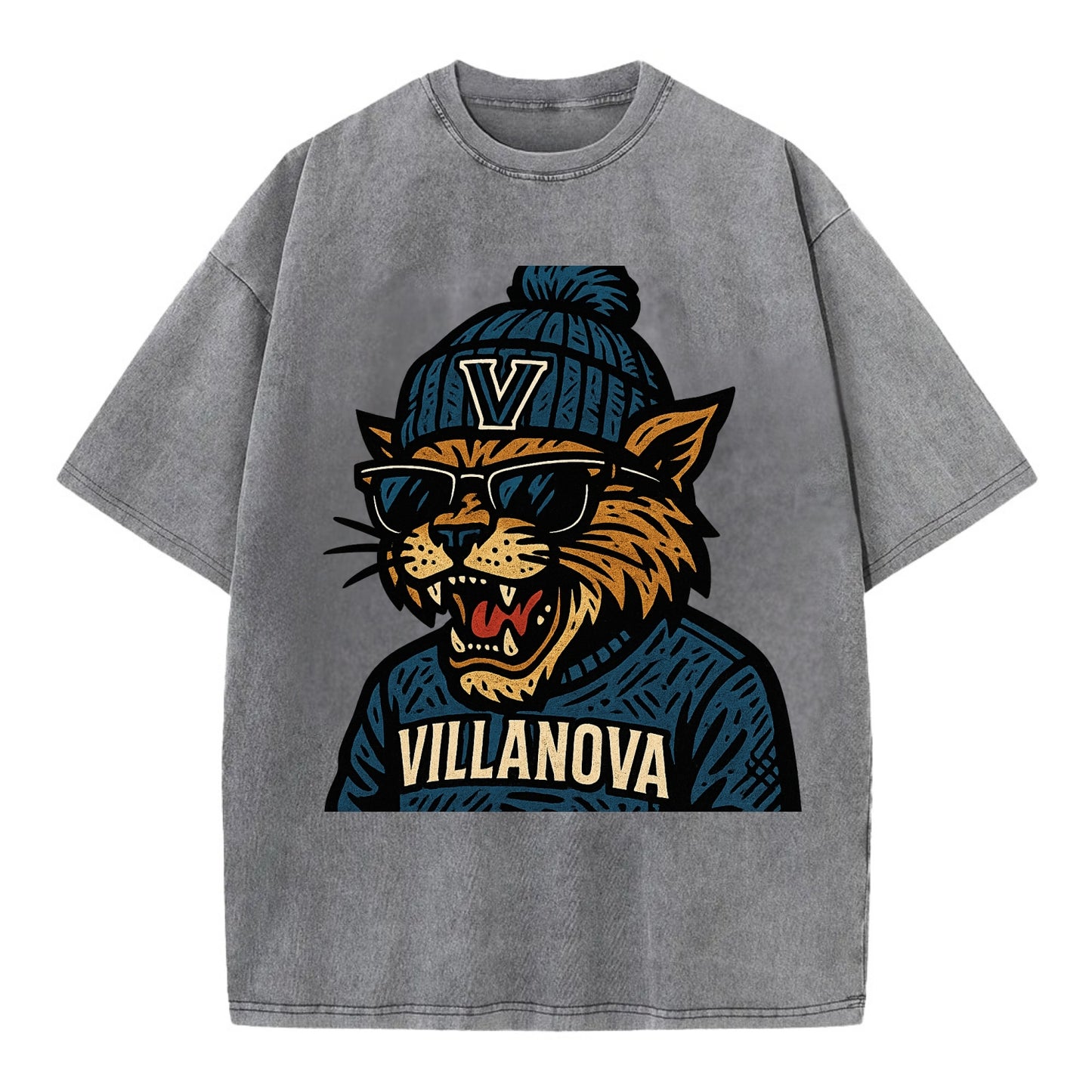 Villanova Wildcat wearing Villanova beanie with V patch - Vintage T-shirt - Grey