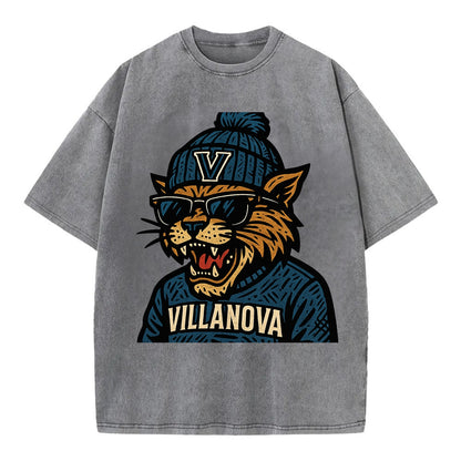 Villanova Wildcat wearing Villanova beanie with V patch - Vintage T-shirt - Grey