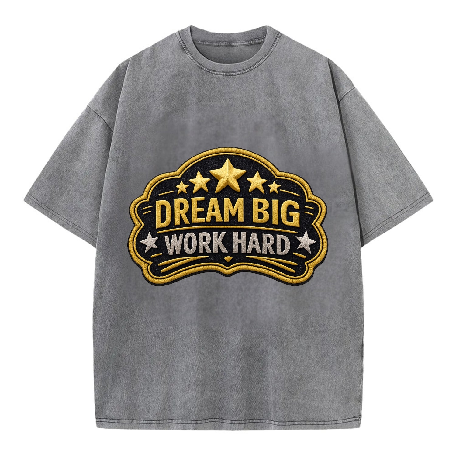 DREAM BIG WORK HARD - stars with text in gold , aspiration - Vintage T-shirt - Grey