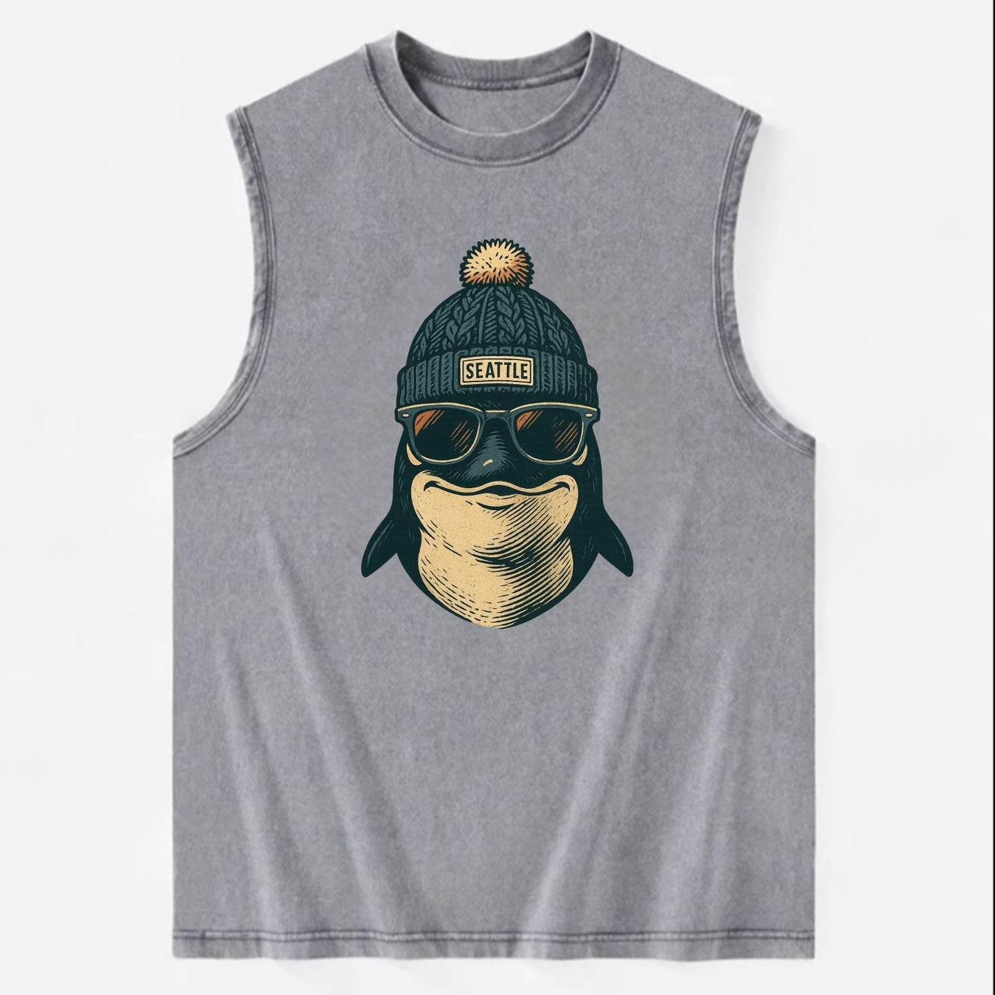 Washington Orca wearing Seattle beanie with pom pom and wayfarer sunglasses - Vintage Washed Tank - Grey