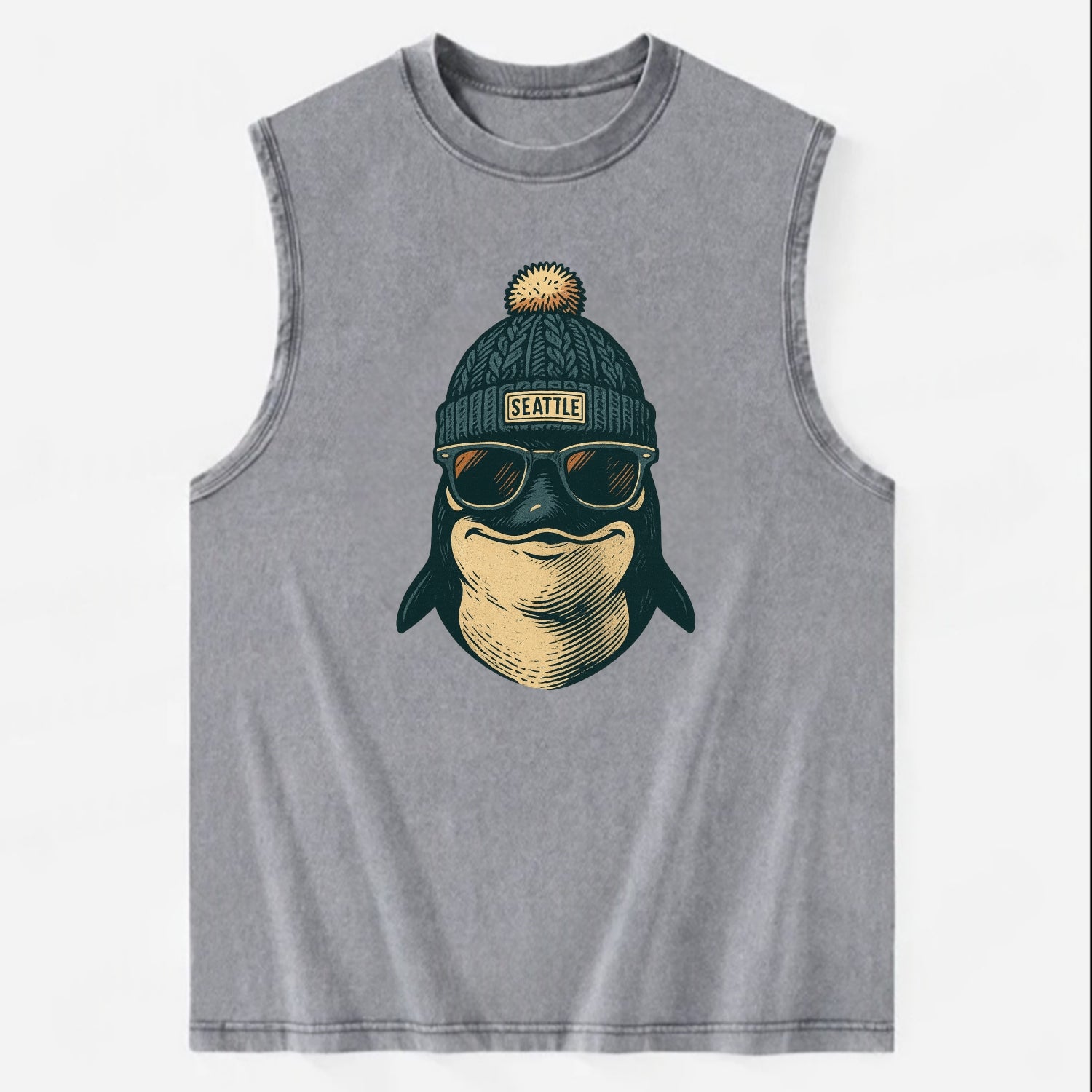 Washington Orca wearing Seattle beanie with pom pom and wayfarer sunglasses - Vintage Washed Tank - Grey