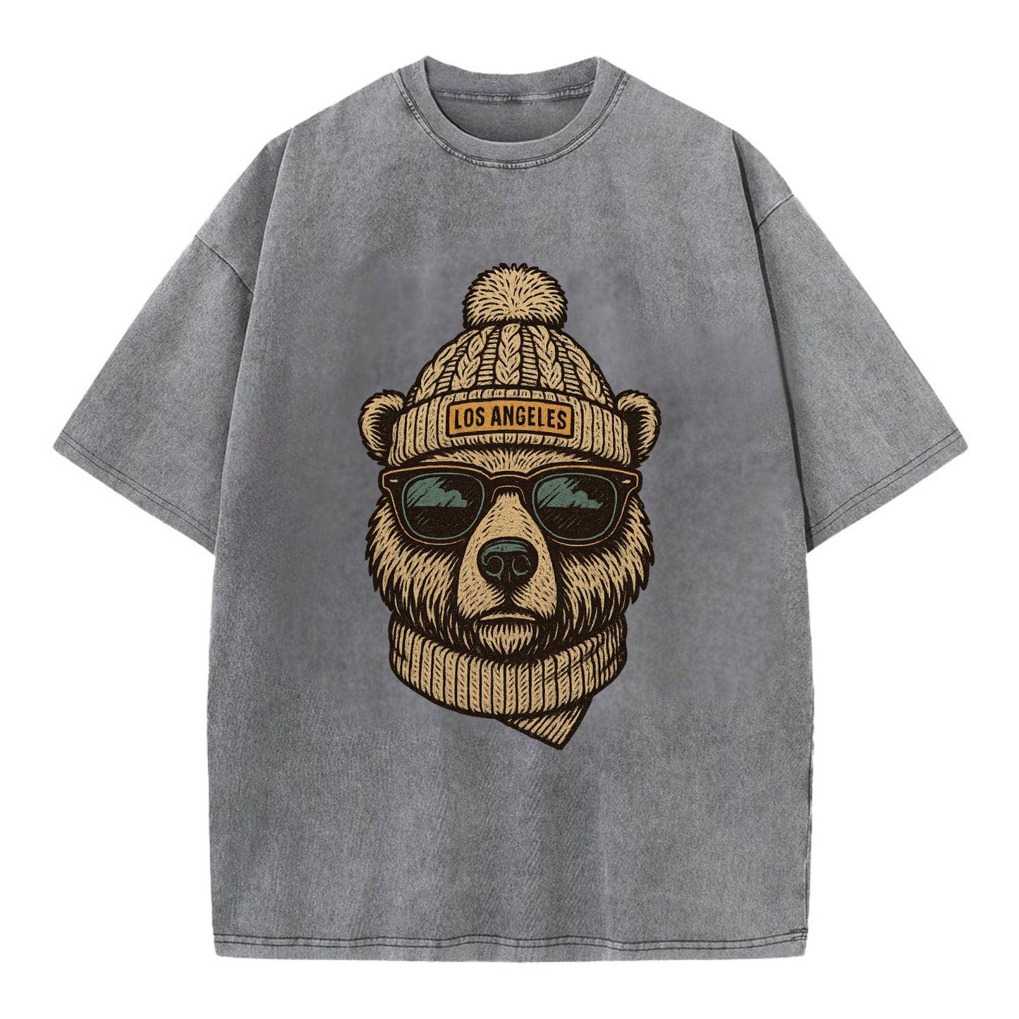 California Grizzly Bear wearing Los Angeles beanie with pom pom and wayfarer - Vintage T-shirt - Grey