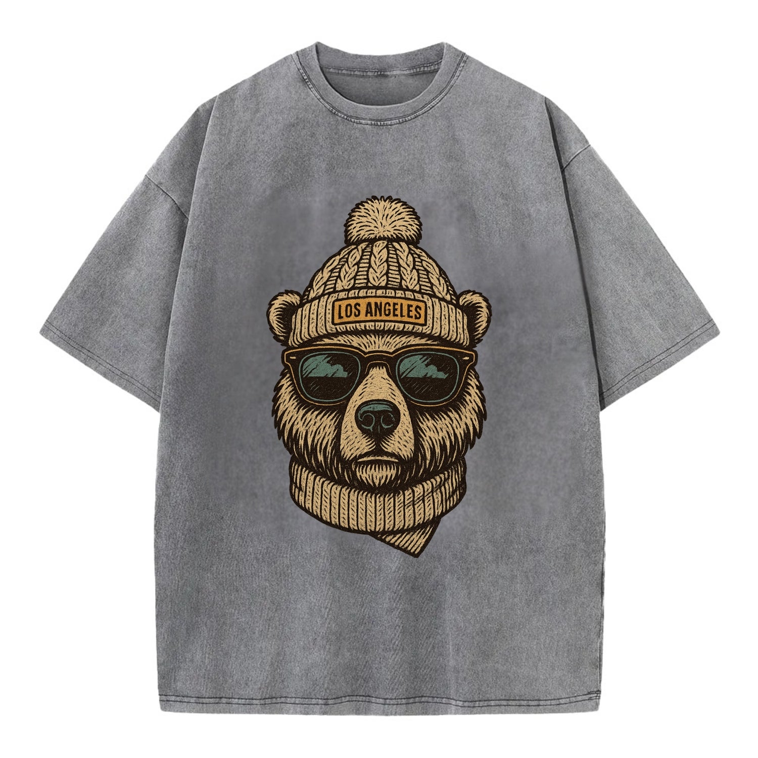 California Grizzly Bear wearing Los Angeles beanie with pom pom and wayfarer - Vintage T-shirt - Grey
