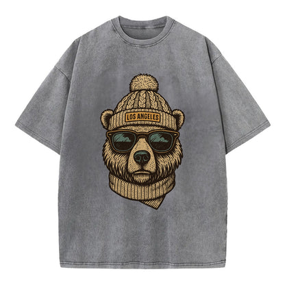 California Grizzly Bear wearing Los Angeles beanie with pom pom and wayfarer - Vintage T-shirt - Grey