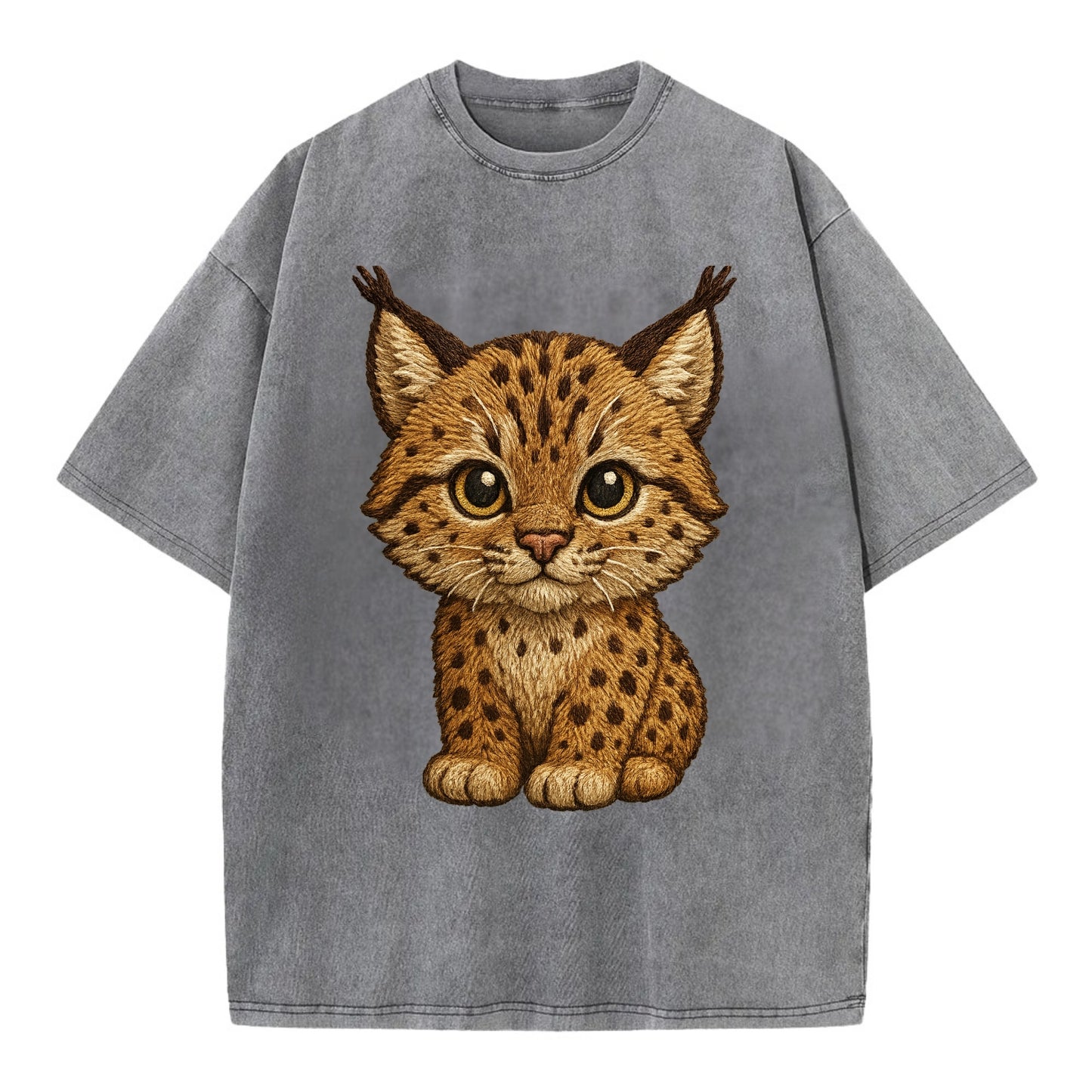 Baby Lynx Cub - tufted ears, spotted fur, golden eyes, front-facing, wild baby - Vintage T-shirt - Grey