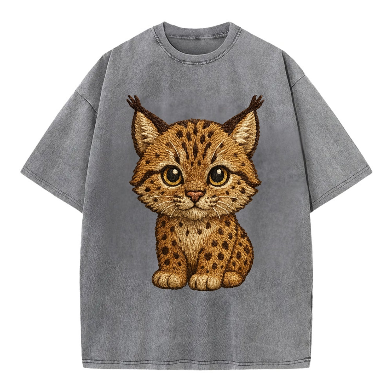 Baby Lynx Cub - tufted ears, spotted fur, golden eyes, front-facing, wild baby - Vintage T-shirt - Grey