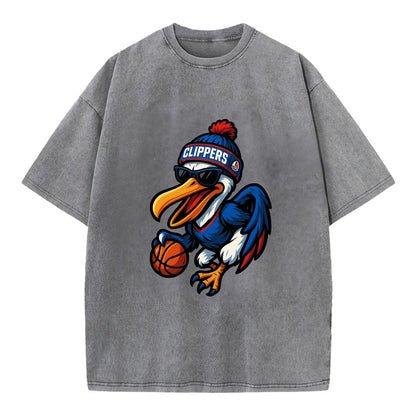 Los Angeles Pelican wearing Clippers beanie with sailboat patch and wayfarer - Vintage T-shirt - Grey
