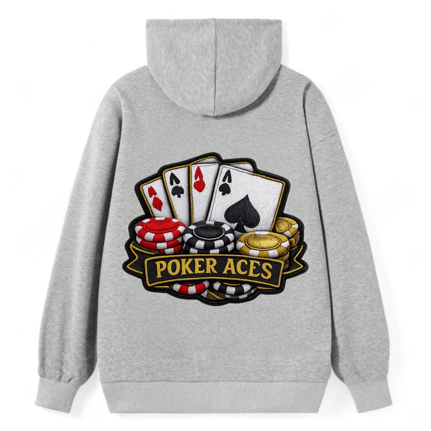Embroidered patch design - POKER ACES - four aces with chips in red, - Classic Pullover Hoodie - Grey