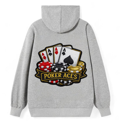 Embroidered patch design - POKER ACES - four aces with chips in red, - Classic Pullover Hoodie - Grey
