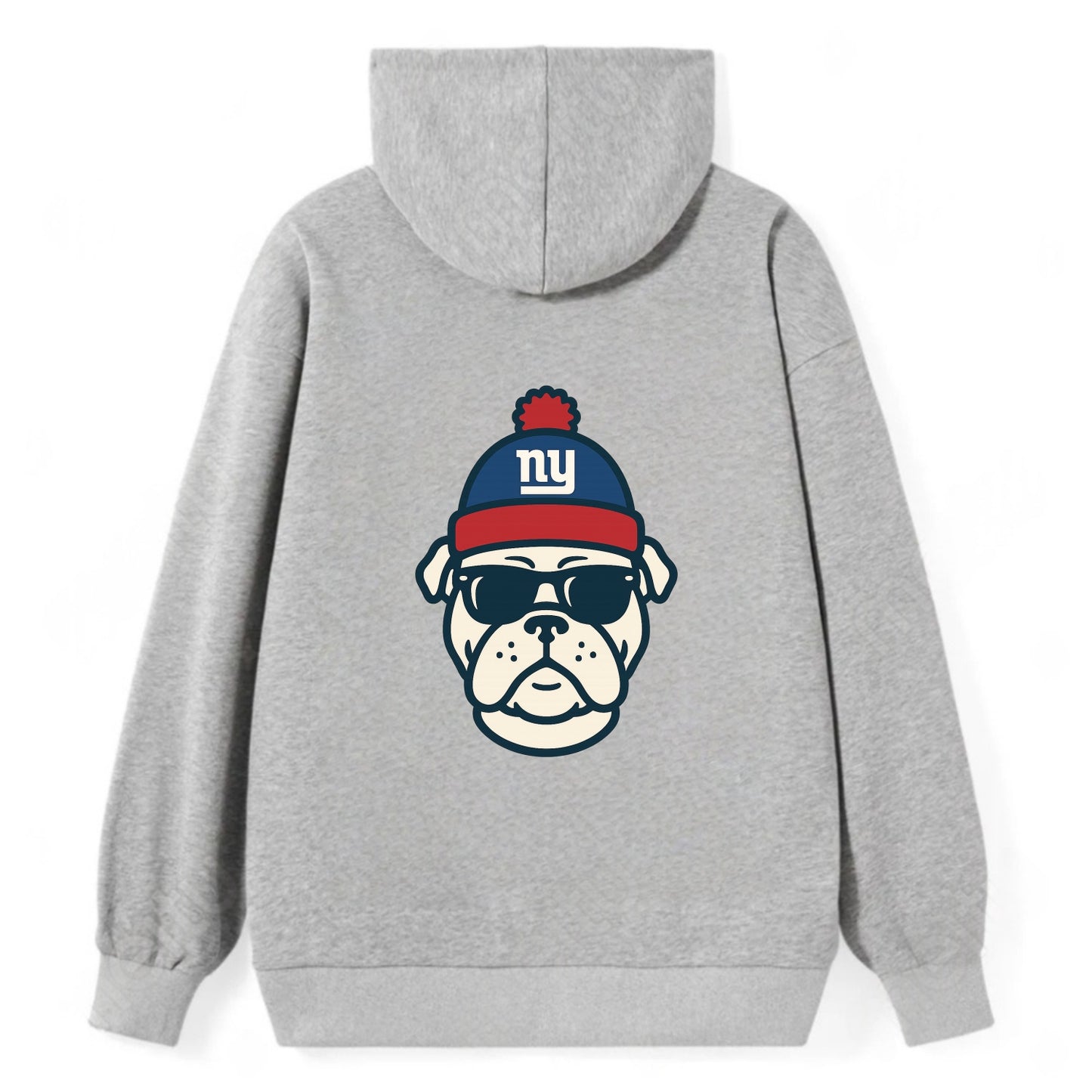 New York Bulldog wearing Giants blue and red beanie with pom pom and - Classic Pullover Hoodie - Grey