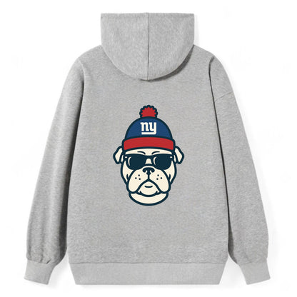 New York Bulldog wearing Giants blue and red beanie with pom pom and - Classic Pullover Hoodie - Grey