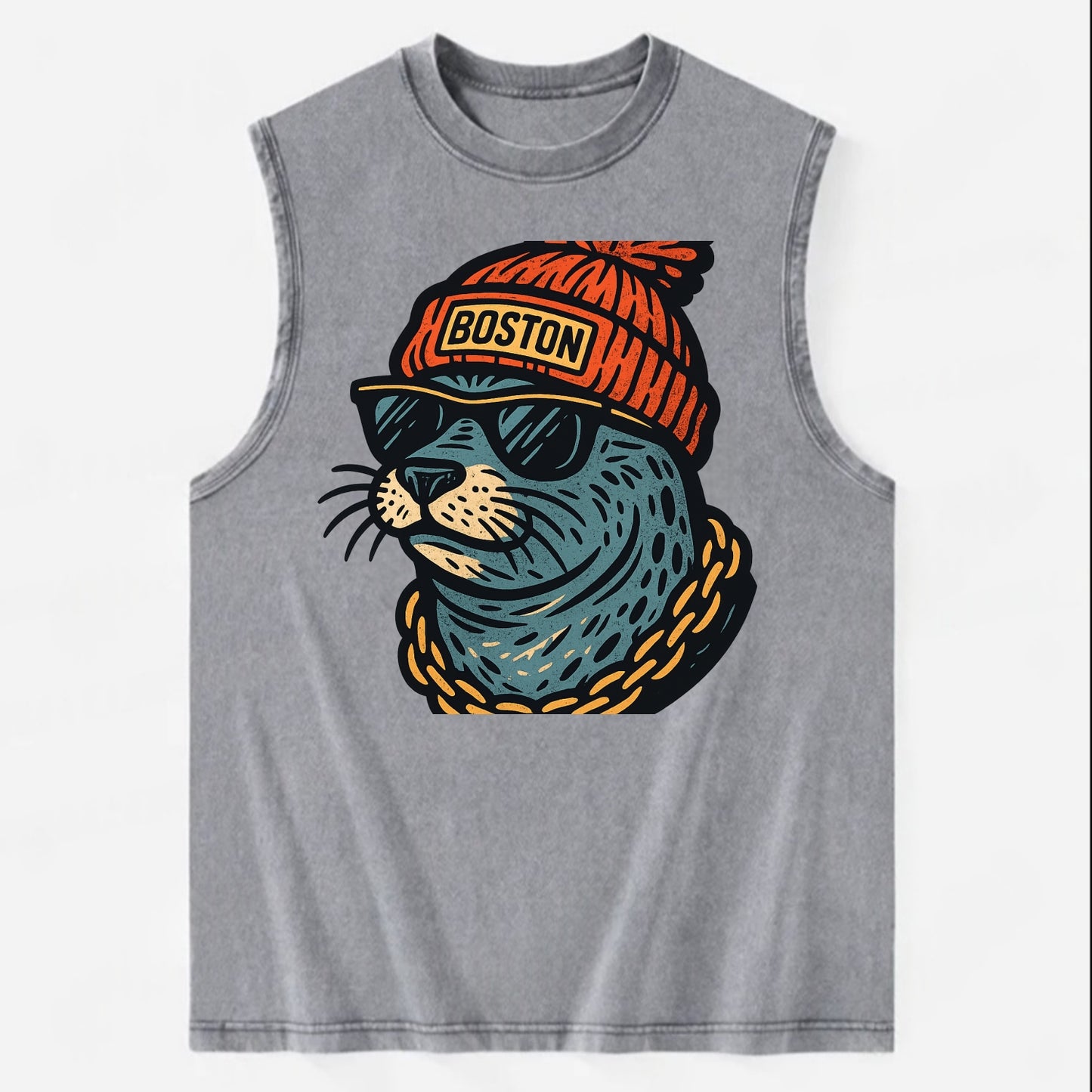 Boston Harbor Seal wearing Boston beanie with pom pom and wayfarer sunglasses - Vintage Washed Tank - Grey