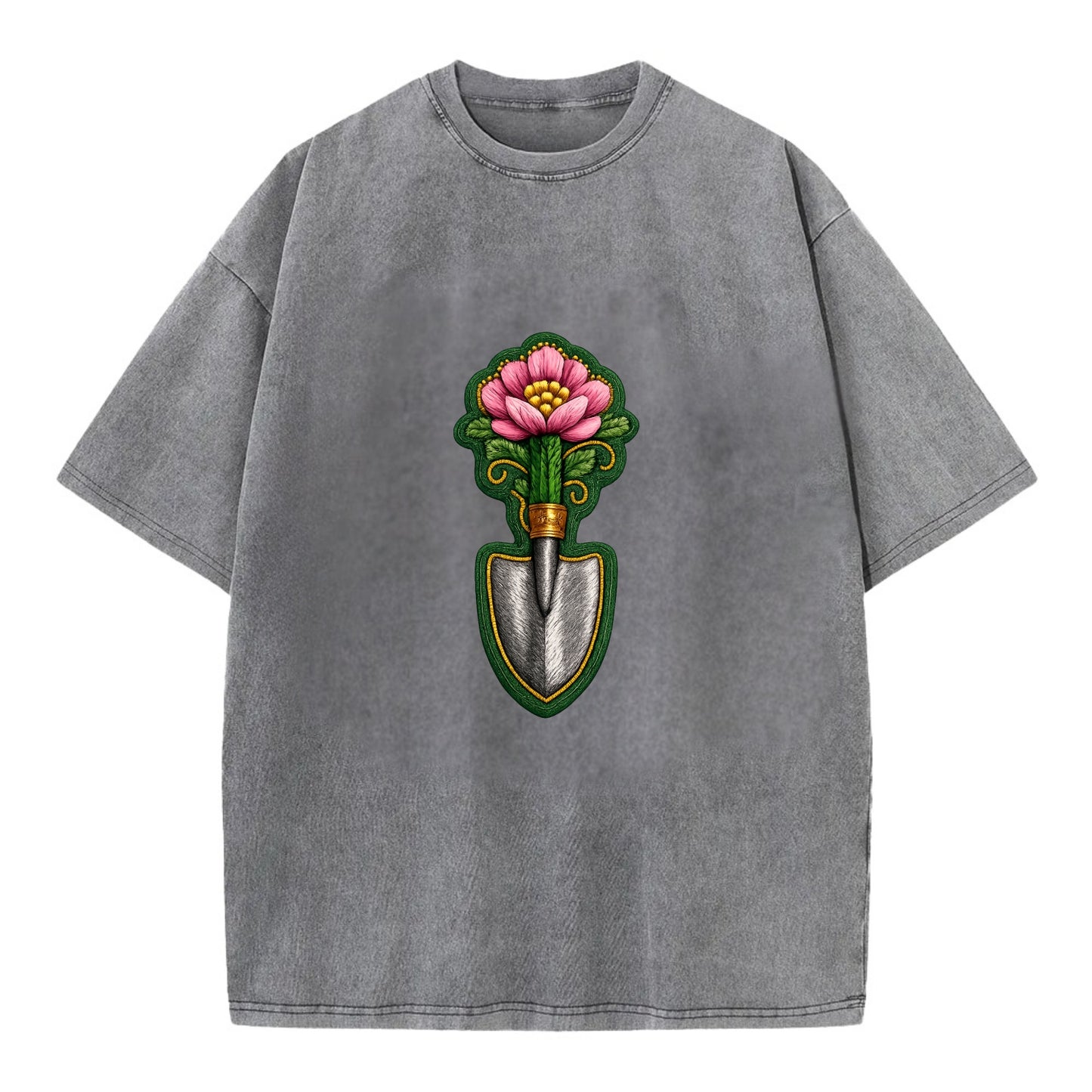Embroidered patch design - GARDENING TROWEL FLOWER - garden tool with blooming - Vintage T-shirt - Grey
