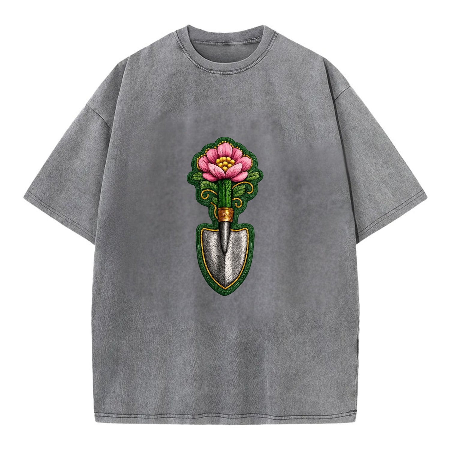 Embroidered patch design - GARDENING TROWEL FLOWER - garden tool with blooming - Vintage T-shirt - Grey