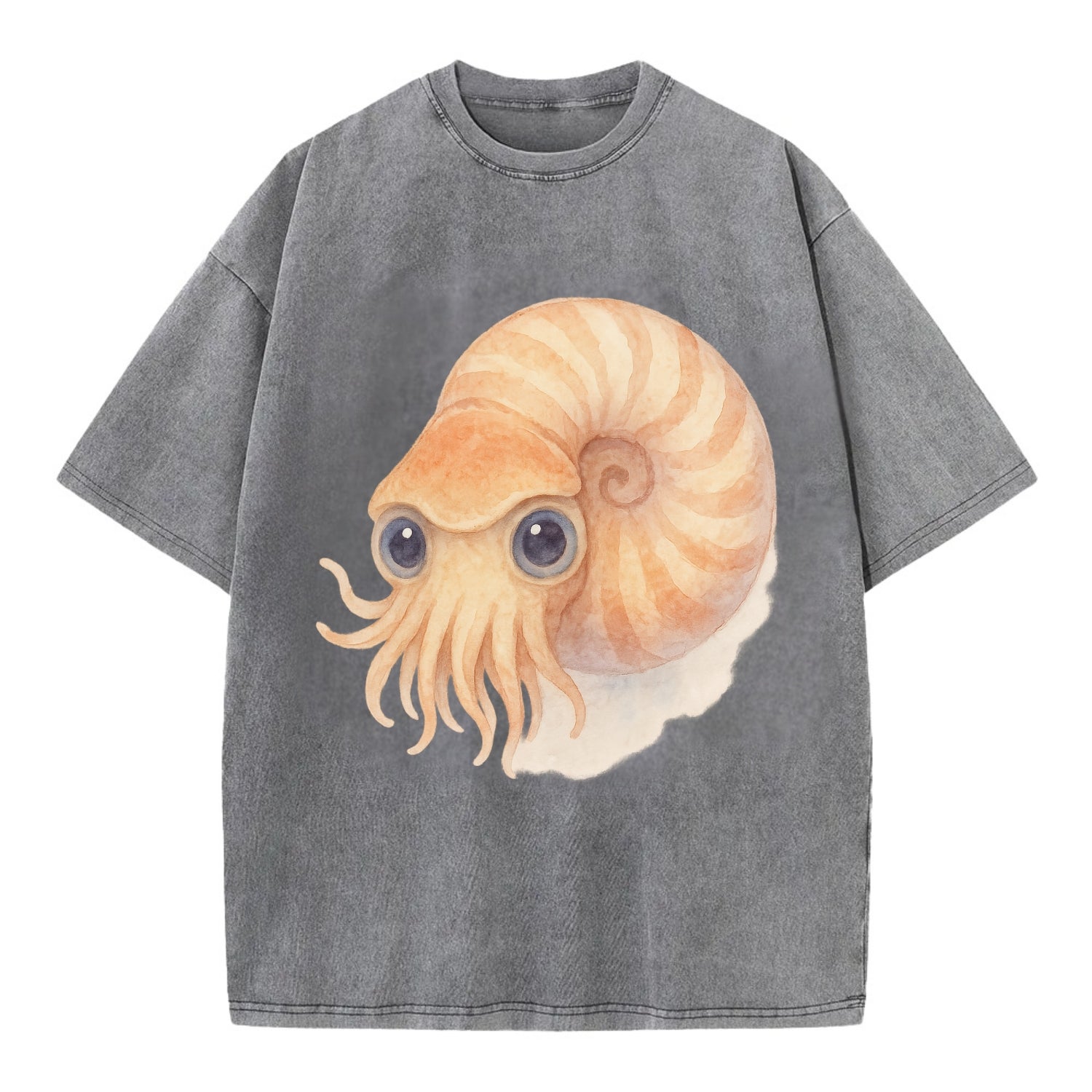 Baby Nautilus - spiral shell, tentacles peeking, ancient eyes, front-facing, - Vintage T-shirt - Grey