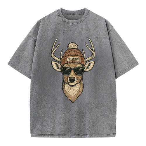 Ohio White-tailed Deer wearing Columbus beanie with pom pom and wayfarer - Vintage T-shirt