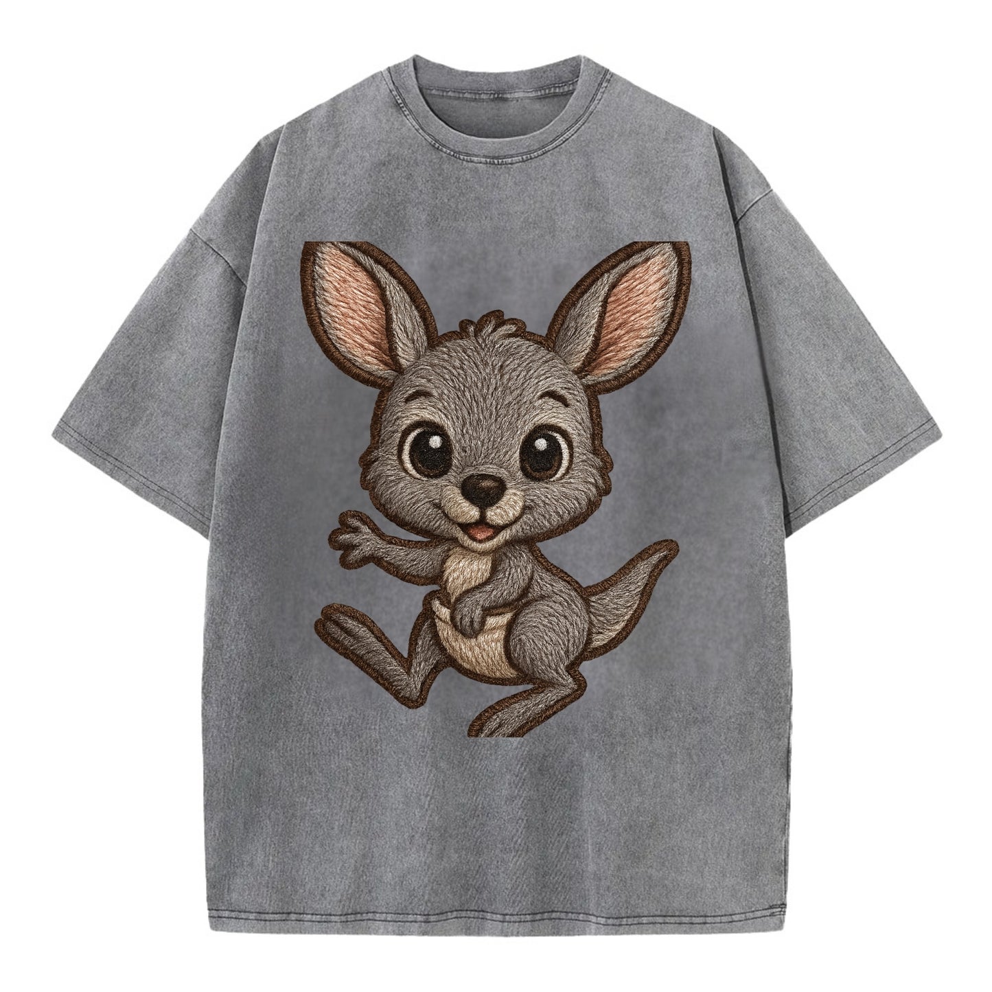Baby Kangaroo Joey - gray fur, large ears, in pouch peek, bright eyes, - Vintage T-shirt - Grey