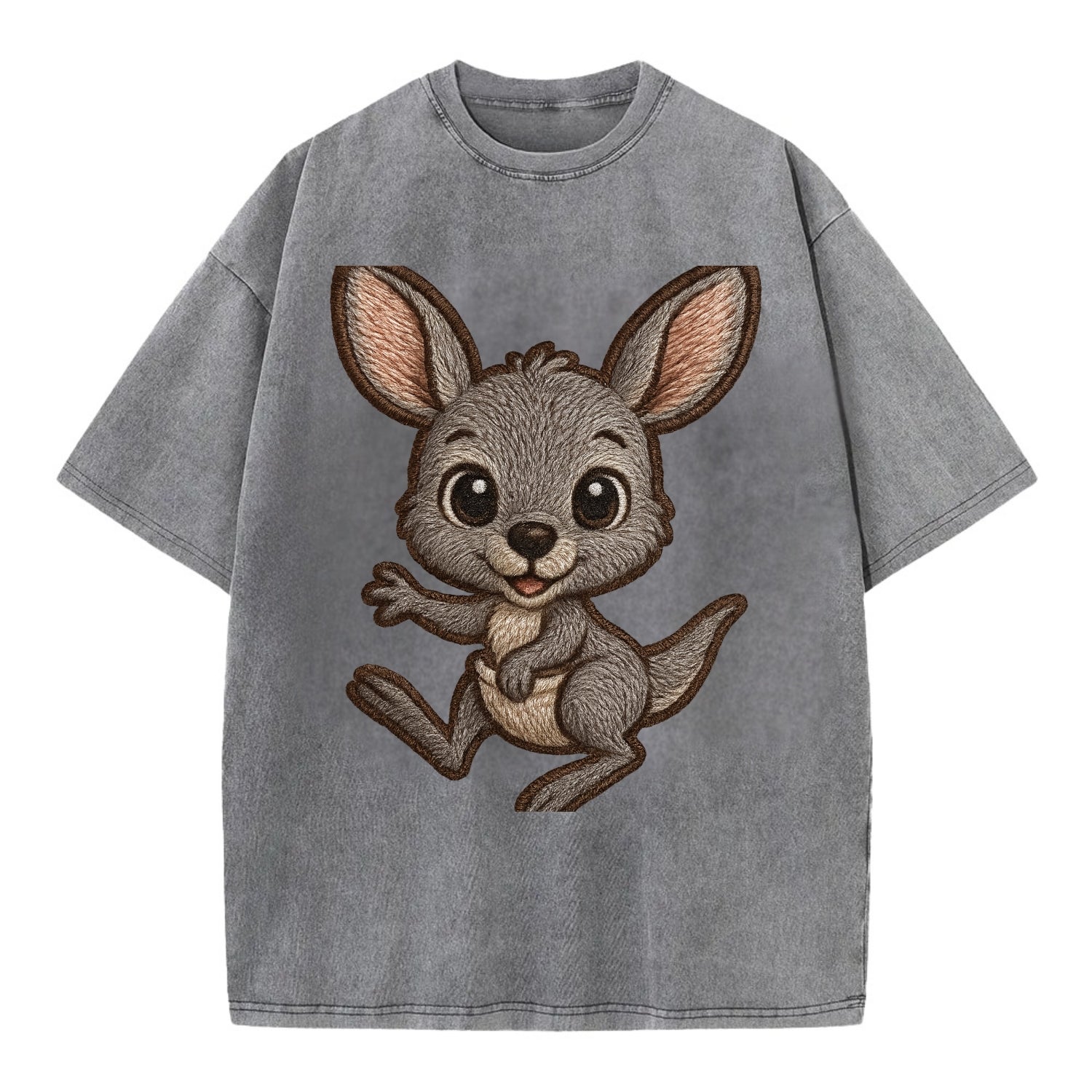 Baby Kangaroo Joey - gray fur, large ears, in pouch peek, bright eyes, - Vintage T-shirt - Grey
