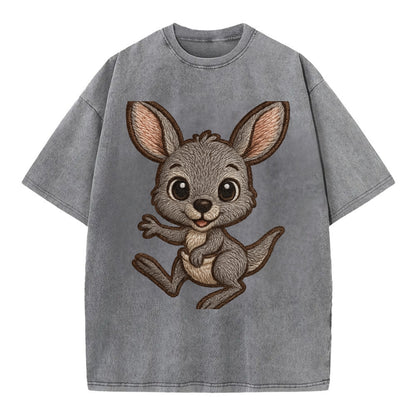 Baby Kangaroo Joey - gray fur, large ears, in pouch peek, bright eyes, - Vintage T-shirt - Grey