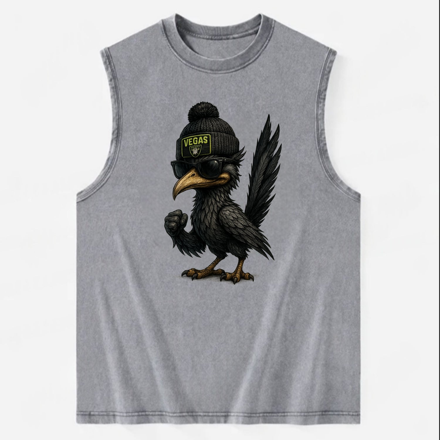 Vegas Roadrunner wearing Raiders beanie with neon patch and wayfarer - Vintage Washed Tank - Grey