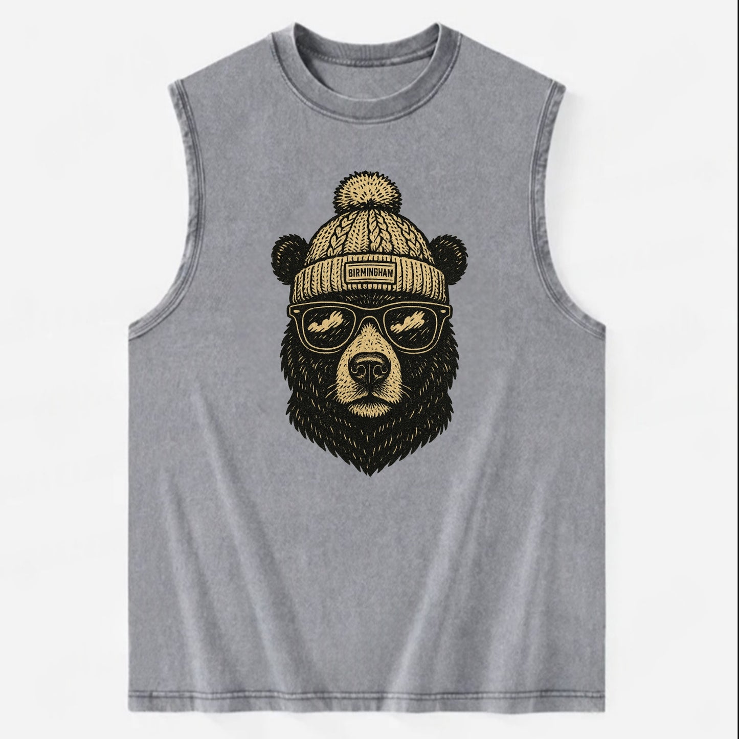 Alabama Black Bear wearing Birmingham beanie with pom pom and wayfarer - Vintage Washed Tank - Grey