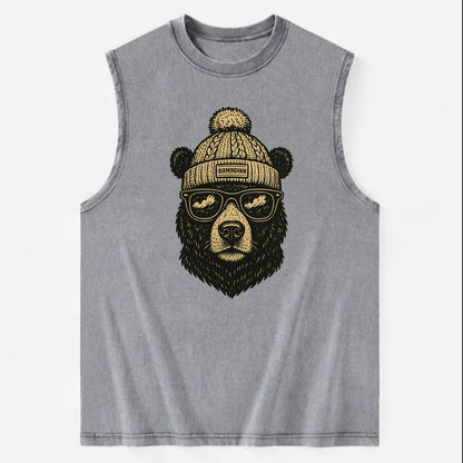 Alabama Black Bear wearing Birmingham beanie with pom pom and wayfarer - Vintage Washed Tank - Grey