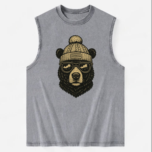 Alabama Black Bear wearing Birmingham beanie with pom pom and wayfarer - Vintage Washed Tank