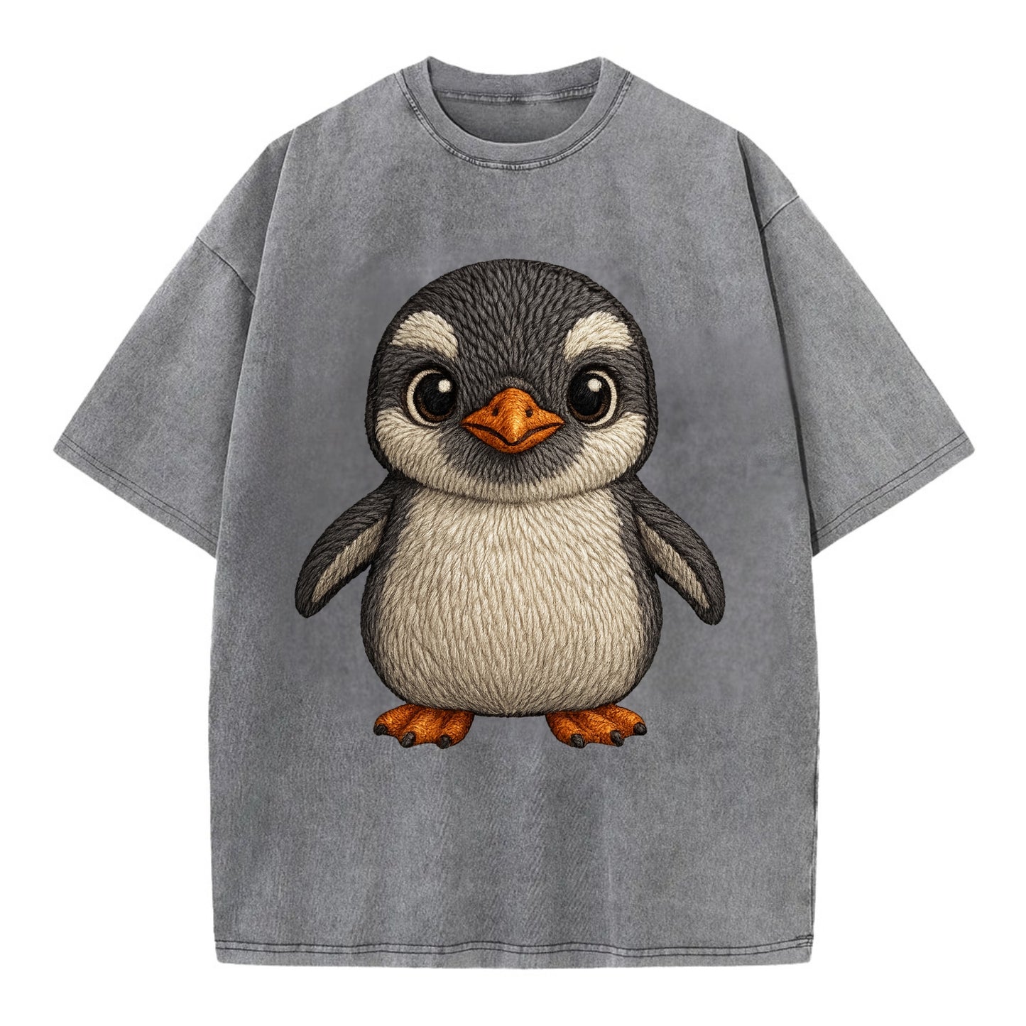 Baby Gentoo Penguin - orange beak, white cap, bright eyes, front-facing, energetic - Vintage T-shirt - Grey