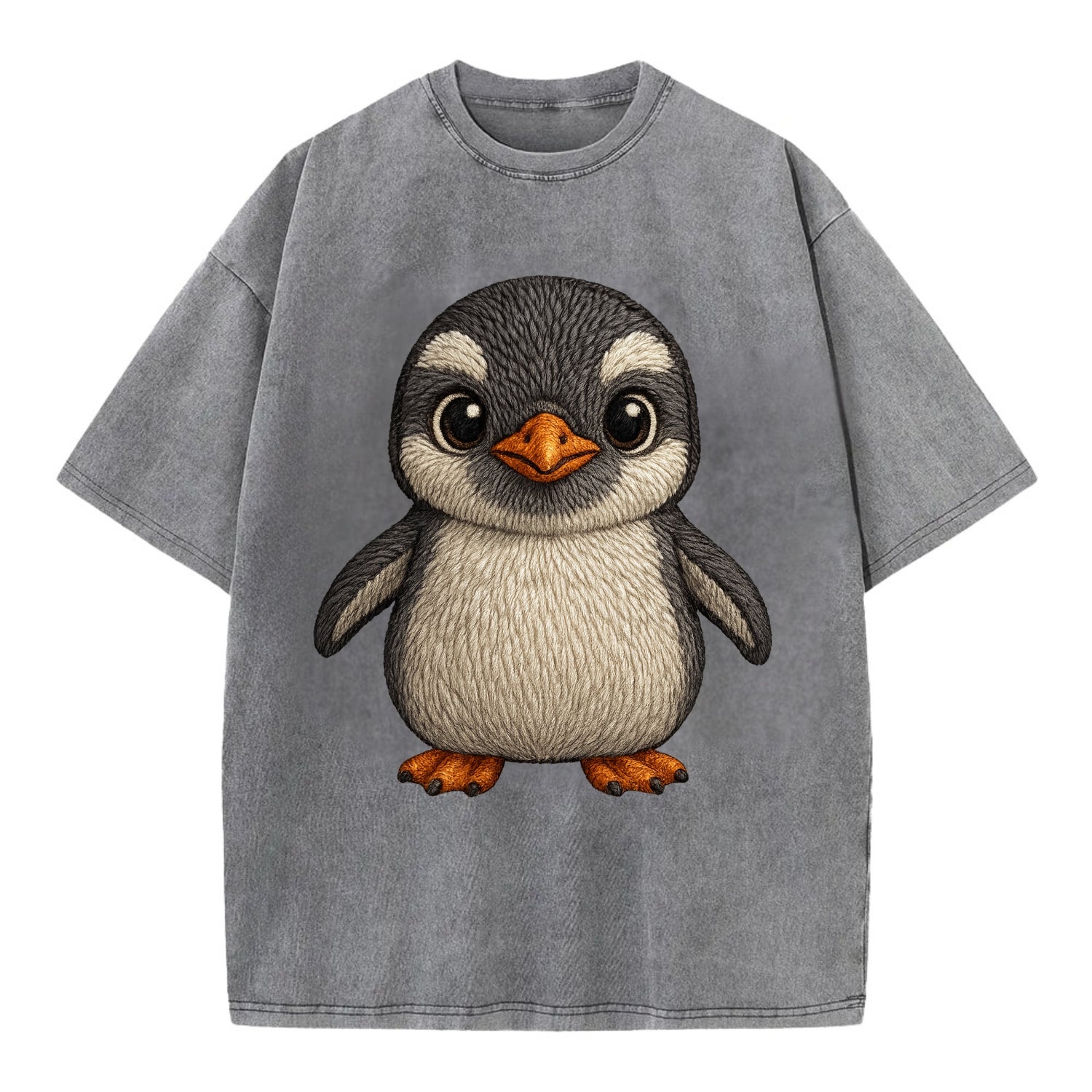 Baby Gentoo Penguin - orange beak, white cap, bright eyes, front-facing, energetic - Vintage T-shirt - Grey