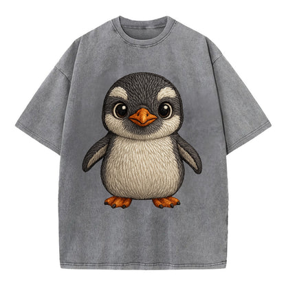 Baby Gentoo Penguin - orange beak, white cap, bright eyes, front-facing, energetic - Vintage T-shirt - Grey