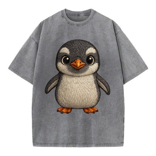 Baby Gentoo Penguin - orange beak, white cap, bright eyes, front-facing, energetic - Vintage T-shirt - Grey