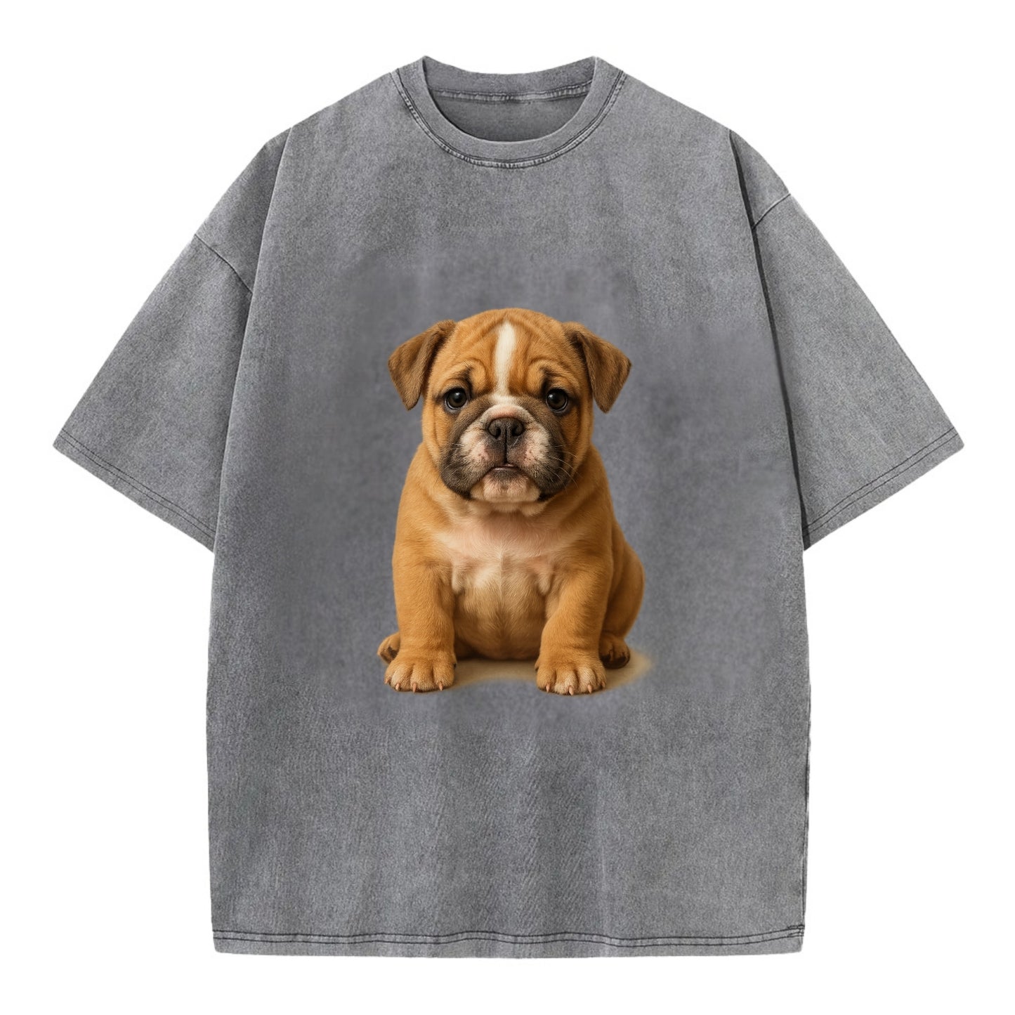 Baby Bulldog Puppy - wrinkly face, underbite, stocky body, gentle eyes, - Vintage T-shirt - Grey