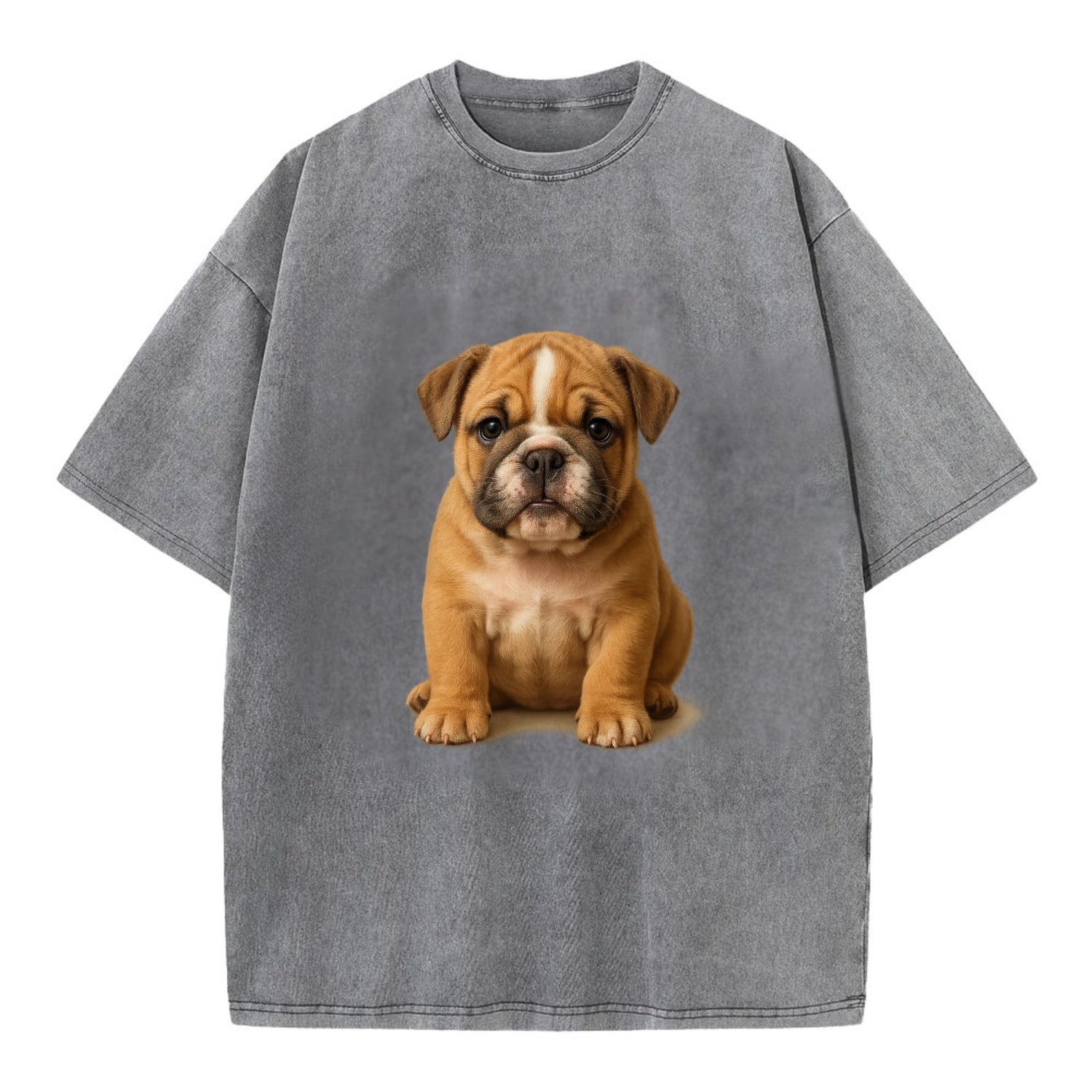 Baby Bulldog Puppy - wrinkly face, underbite, stocky body, gentle eyes, - Vintage T-shirt - Grey