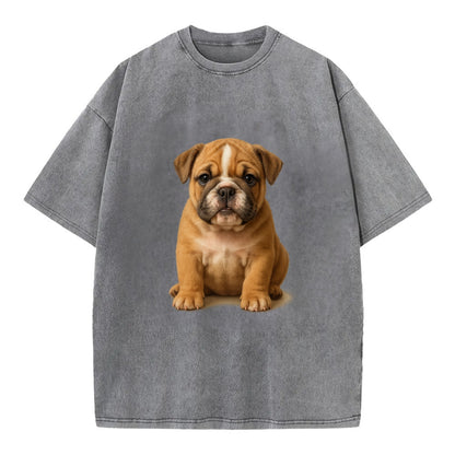 Baby Bulldog Puppy - wrinkly face, underbite, stocky body, gentle eyes, - Vintage T-shirt - Grey